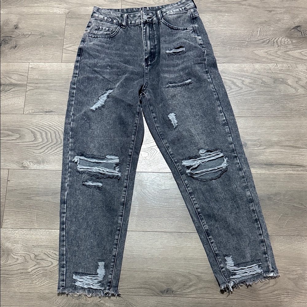 SHEIN Dark Gray Distressed Boyfriend Jeans